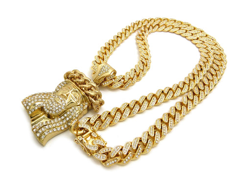 Nyfashion101 Crown Of Thorns Stone Stud Jesus Face Pendant 12mm 30" Iced Out Cuban Chain Necklace In Gold-Tone
