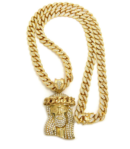 nyfashion101 Crown of Thorns Stone Stud Jesus Face Pendant 12mm 30" Iced Out Cuban Chain Necklace in Gold-Tone