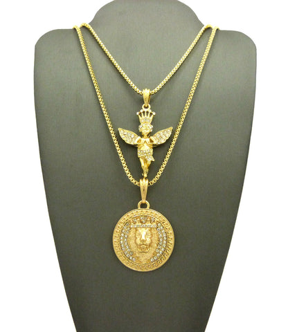 Nyfashion101 Crowned Praying Angel & King Lion Medallion Pendant Set W/ Gold-Tone Box Chain Necklaces