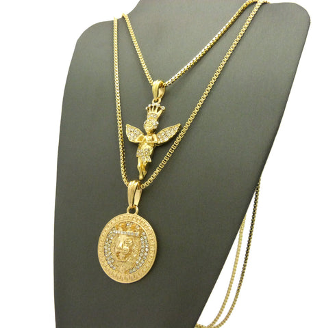 Nyfashion101 Crowned Praying Angel & King Lion Medallion Pendant Set W/ Gold-Tone Box Chain Necklaces