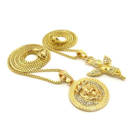 Nyfashion101 Crowned Praying Angel & King Lion Medallion Pendant Set W/ Gold-Tone Box Chain Necklaces