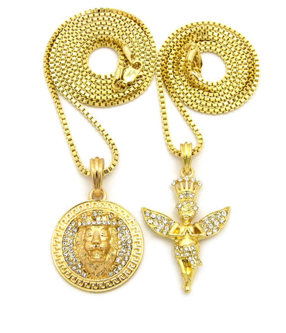 nyfashion101 Crowned Praying Angel & King Lion Medallion Pendant Set w/ Gold-Tone Box Chain Necklaces
