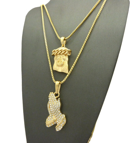 Nyfashion101 Cuban Crown Jesus Head & Stone Stud Praying Hands Pendant Set W/ 2mm Box Chains In Gold-Tone