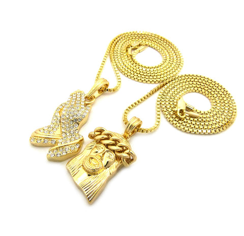 Nyfashion101 Cuban Crown Jesus Head & Stone Stud Praying Hands Pendant Set W/ 2mm Box Chains In Gold-Tone