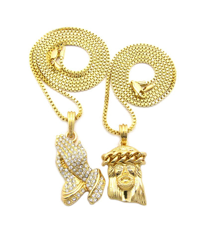 nyfashion101 Cuban Crown Jesus Head & Stone Stud Praying Hands Pendant Set w/ 2mm Box Chains in Gold-Tone