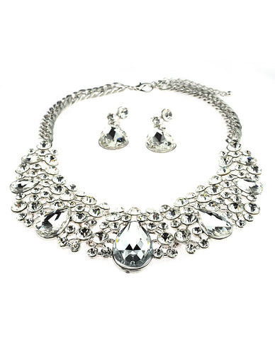 Nyfashion101 Dangling Teardrop And Marquise Clear Stone Crescent Necklace And Earrings Set In Silver-Tone