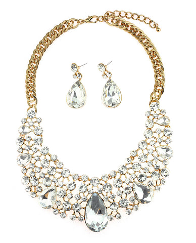Nyfashion101 Dangling Teardrop And Marquise Clear Stone Crescent Necklace And Earrings Set In Gold-Tone