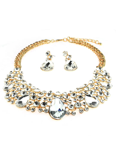 Nyfashion101 Dangling Teardrop And Marquise Clear Stone Crescent Necklace And Earrings Set In Gold-Tone