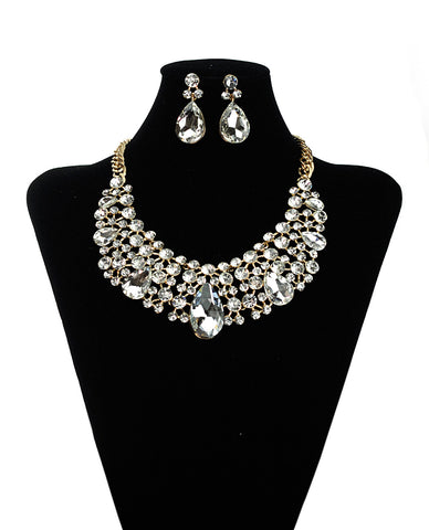 nyfashion101 Dangling Teardrop and Marquise Clear Stone Crescent Necklace and Earrings Set in Gold-Tone