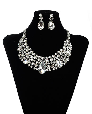 nyfashion101 Dangling Teardrop and Marquise Clear Stone Crescent Necklace and Earrings Set in Silver-Tone