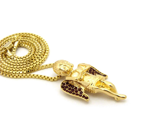 Nyfashion101 Dark Red Stone Stud Winged Angel Pendant On Chain Necklace