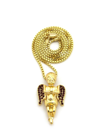 nyfashion101 Dark Red Stone Stud Winged Angel Pendant on Chain Necklace