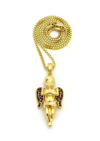 nyfashion101 Dark Red Stone Stud Winged Angel Pendant with Chain Necklace