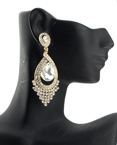 nyfashion101 Dazzling Chandelier Teardrop Clear Stone Dangling Earrings in Gold-Tone