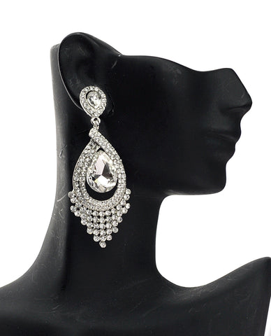 nyfashion101 Dazzling Chandelier Teardrop Clear Stone Dangling Earrings in Silver-Tone