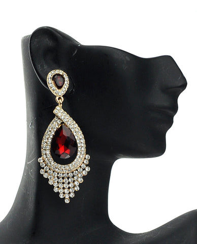 nyfashion101 Dazzling Chandelier Teardrop Red Stone Dangling Earrings in Gold-Tone