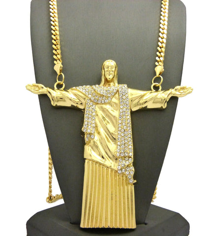 Nyfashion101 Detailed Robe Stone Stud Christ The Redeemer Pendant W/6mm 30" Box Cuban Chain Necklace Gold-Tone