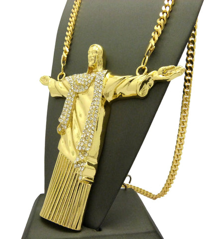 Nyfashion101 Detailed Robe Stone Stud Christ The Redeemer Pendant W/6mm 30" Box Cuban Chain Necklace Gold-Tone