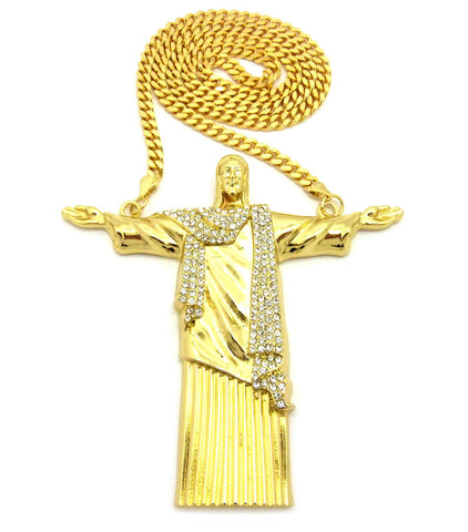 nyfashion101 Detailed Robe Stone Stud Christ the Redeemer Pendant w/6mm 30" Box Cuban Chain Necklace Gold-Tone
