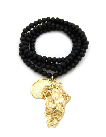 Nyfashion101 Diversified Single Pendant Piece W/ 6mm 30" Wood Bead Necklace - Roaring Lion On Africa