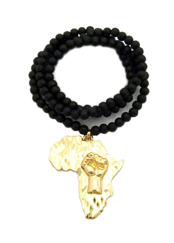 Nyfashion101 Diversified Single Pendant Piece W/ 6mm 30" Wood Bead Necklace - Power Fist On Africa