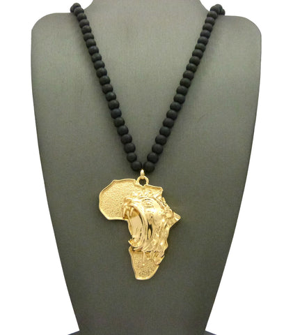 nyfashion101 Diversified Single Pendant Piece w/ 6mm 30" Wood Bead Necklace - Roaring Lion on Africa