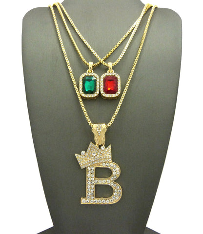 nyfashion101 Dual Colored Gemstone with Tilted Crown on Initial B Pendant Set w/ Chain Necklace