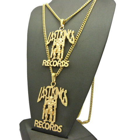 Nyfashion101 Dual Polished Last Kings Records Label Pendant Set W/ Cuban Chain Necklaces In Gold-Tone
