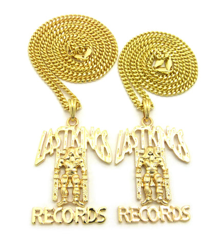 Nyfashion101 Dual Polished Last Kings Records Label Pendant Set W/ Cuban Chain Necklaces In Gold-Tone