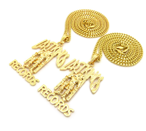 Nyfashion101 Dual Polished Last Kings Records Label Pendant Set W/ Cuban Chain Necklaces In Gold-Tone