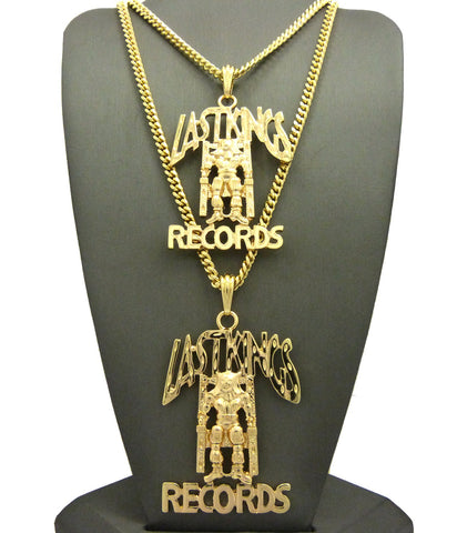 nyfashion101 Dual Polished Last Kings Records Label Pendant Set w/ Cuban Chain Necklaces in Gold-Tone