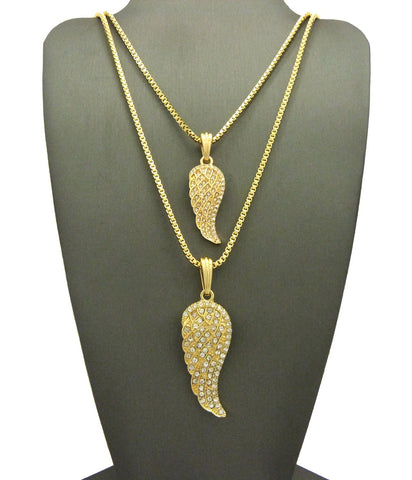 Nyfashion101 Dual Stone Stud Angel Pendant Set W/ 2mm 24" & 30" Box Chain Necklaces In Gold-Tone