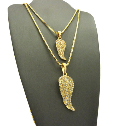 Nyfashion101 Dual Stone Stud Angel Pendant Set W/ 2mm 24" & 30" Box Chain Necklaces In Gold-Tone