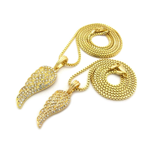 Nyfashion101 Dual Stone Stud Angel Pendant Set W/ 2mm 24" & 30" Box Chain Necklaces In Gold-Tone