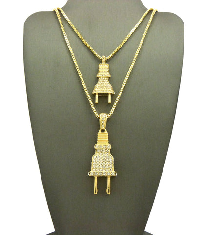 Nyfashion101 Dual Stone Stud Power Plug Pendant Set W/ Gold-Tone Box Chain Necklaces - 2050G