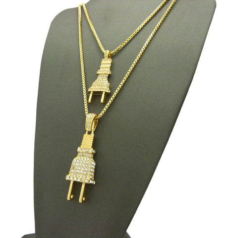 Nyfashion101 Dual Stone Stud Power Plug Pendant Set W/ Gold-Tone Box Chain Necklaces - 2050G