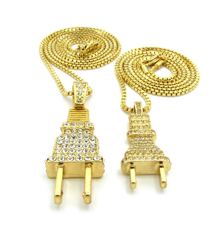 Nyfashion101 Dual Stone Stud Power Plug Pendant Set W/ Gold-Tone Box Chain Necklaces - 2050G