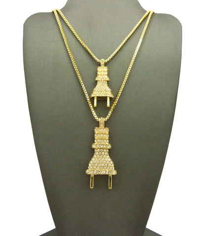 Nyfashion101 Dual Stone Stud Power Plug Pendant Set W/ Gold-Tone Box Chain Necklaces - 2049G