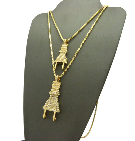 Nyfashion101 Dual Stone Stud Power Plug Pendant Set W/ Gold-Tone Box Chain Necklaces - 2049G