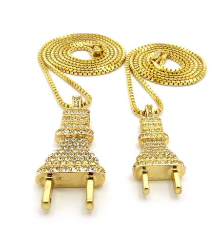 Nyfashion101 Dual Stone Stud Power Plug Pendant Set W/ Gold-Tone Box Chain Necklaces - 2049G