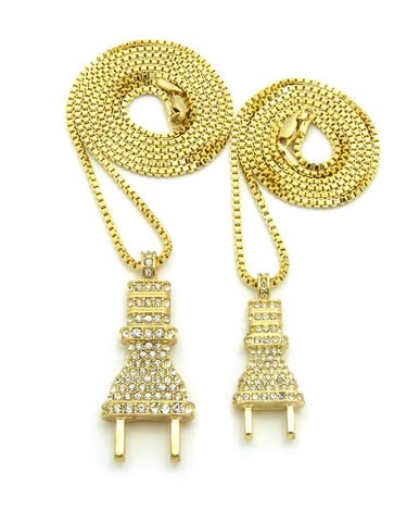 nyfashion101 Dual Stone Stud Power Plug Pendant Set w/ Gold-Tone Box Chain Necklaces - 2049G