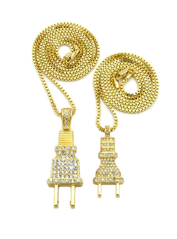 nyfashion101 Dual Stone Stud Power Plug Pendant Set w/ Gold-Tone Box Chain Necklaces - 2050G