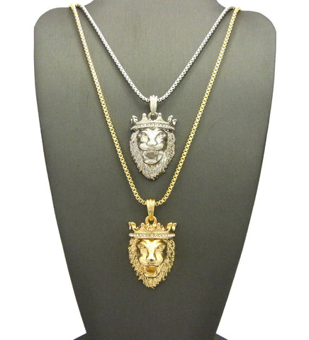 Nyfashion101 Dual Tone Stone Stud Crown Lion Pendant Set W/ 2mm 24" & 30" Box Chain Necklace