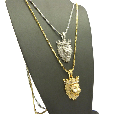 Nyfashion101 Dual Tone Stone Stud Crown Lion Pendant Set W/ 2mm 24" & 30" Box Chain Necklace