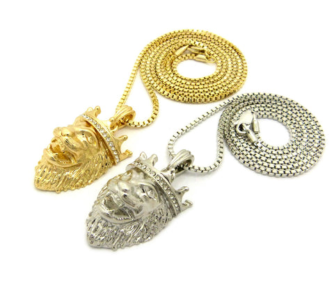Nyfashion101 Dual Tone Stone Stud Crown Lion Pendant Set W/ 2mm 24" & 30" Box Chain Necklace