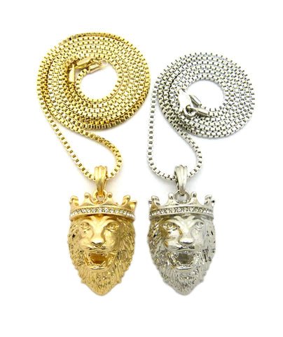 nyfashion101 Dual Tone Stone Stud Crown Lion Pendant Set w/ 2mm 24" & 30" Box Chain Necklace