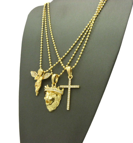 Nyfashion101 Extended Wing Angel King Lion & Slim Cross Pendant Set W/ 2mm 24" Ball Chain Necklaces In Gold-Tone