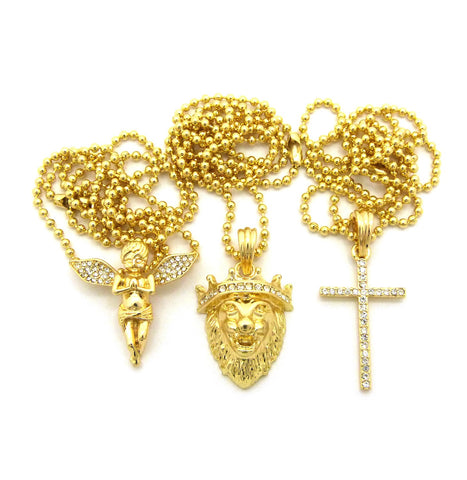 Nyfashion101 Extended Wing Angel King Lion & Slim Cross Pendant Set W/ 2mm 24" Ball Chain Necklaces In Gold-Tone