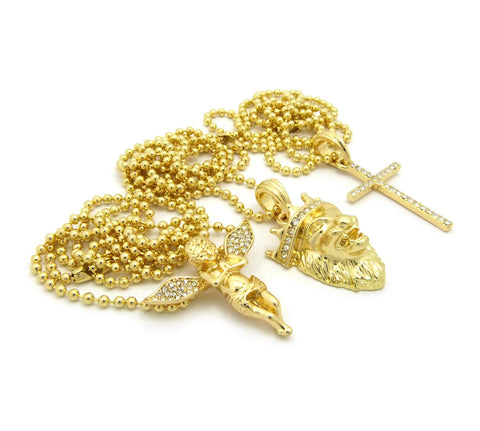 Nyfashion101 Extended Wing Angel King Lion & Slim Cross Pendant Set W/ 2mm 24" Ball Chain Necklaces In Gold-Tone
