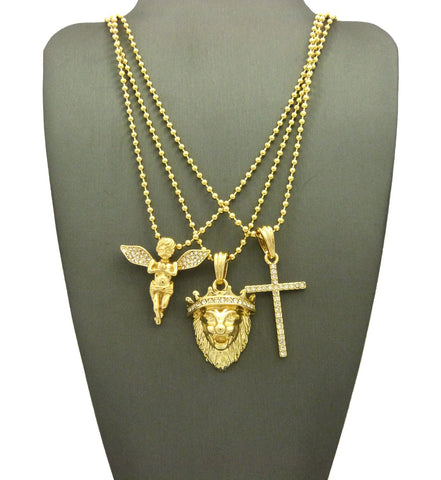 nyfashion101 Extended Wing Angel King Lion & Slim Cross Pendant Set w/ 2mm 24" Ball Chain Necklaces in Gold-Tone